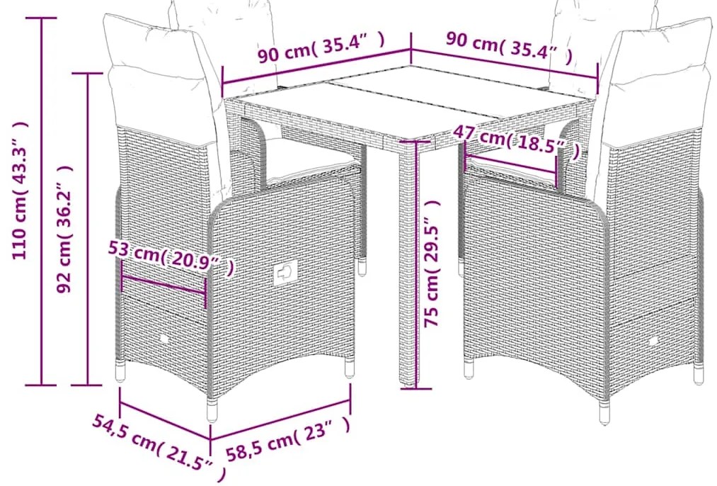 5 pcs conjunto bistrô de jardim c/ almofadões vime PE cinza