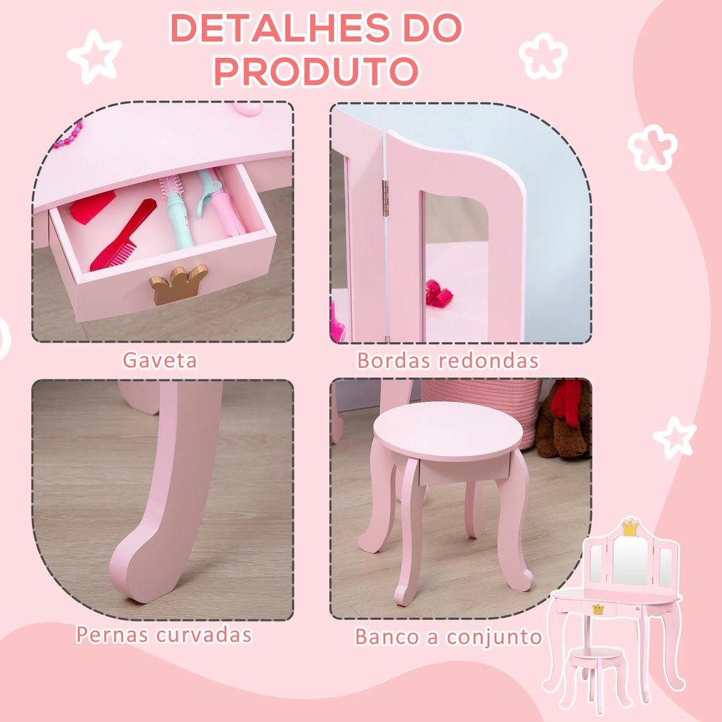 Toucador Infantil de Madeira com Banco e Espelho Dobrável Mesa de Maquilhagem para Crianças de 3-6 Anos com Gaveta Estilo Princesa 79x48x103cm Rosa