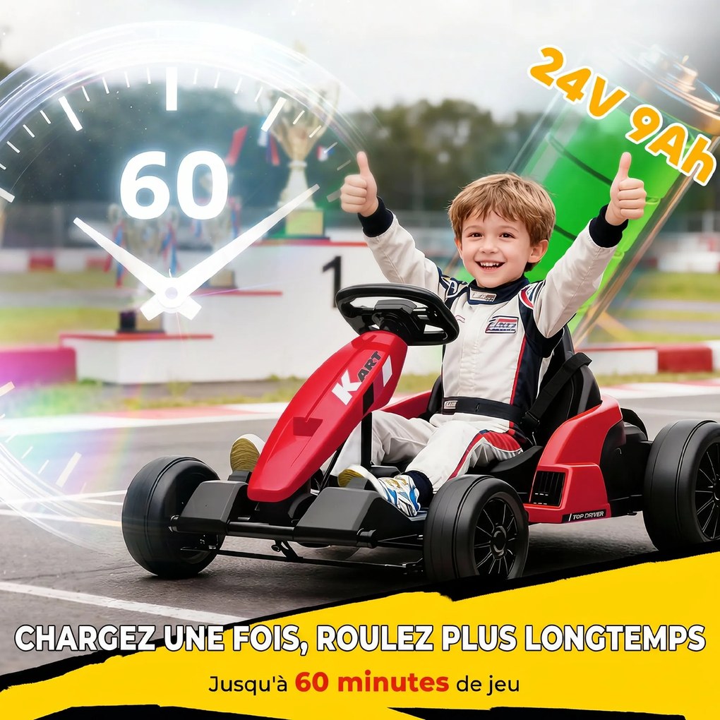 Kart elétrico para crianças de 24 V, Go Kart, motor de 2 x 150 W, modo drift, assento ajustável, arranque progressivo, vermelho