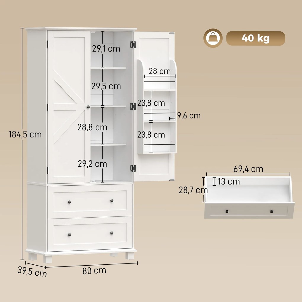 Armário alto de cozinha, armário de cozinha com 2 portas, 2 gavetas, 6 suportes para prateleiras, prateleiras ajustáveis, 80 x 39,5 x 184,5 cm, branco