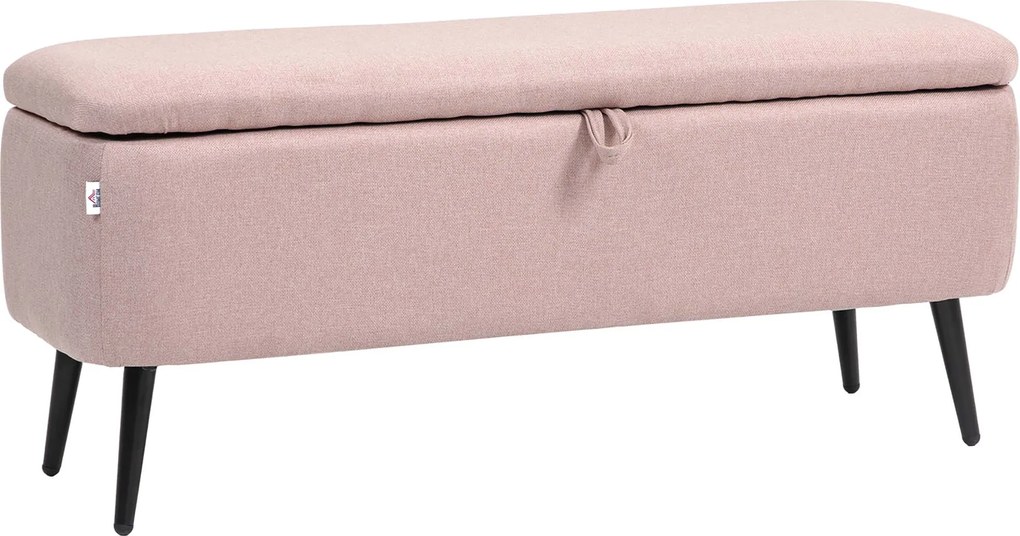 Banco de Armazenamento Estofado em Linho com Tampa Abatível e Pés de Aço Carga Máxima 150kg 101x38,5x44,5 cm Rosa