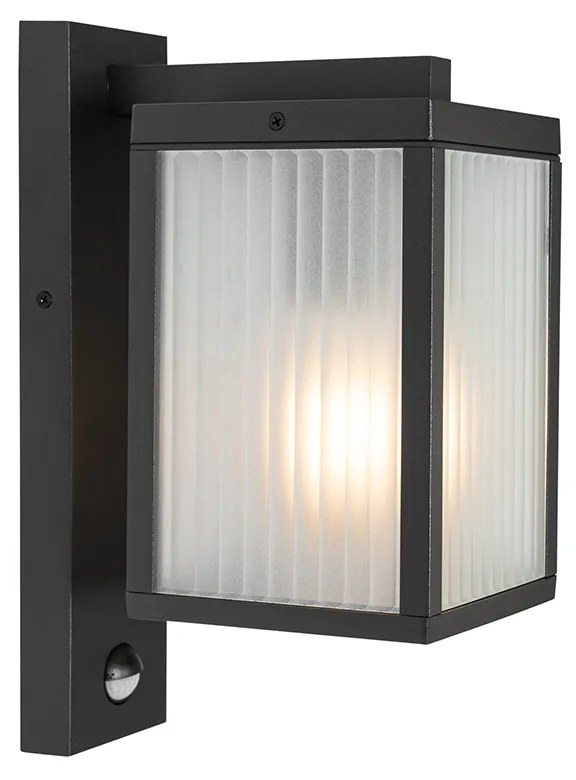 Candeeiro de parede exterior preto com vidro canelado e sensor de movimento - Charlois Moderno