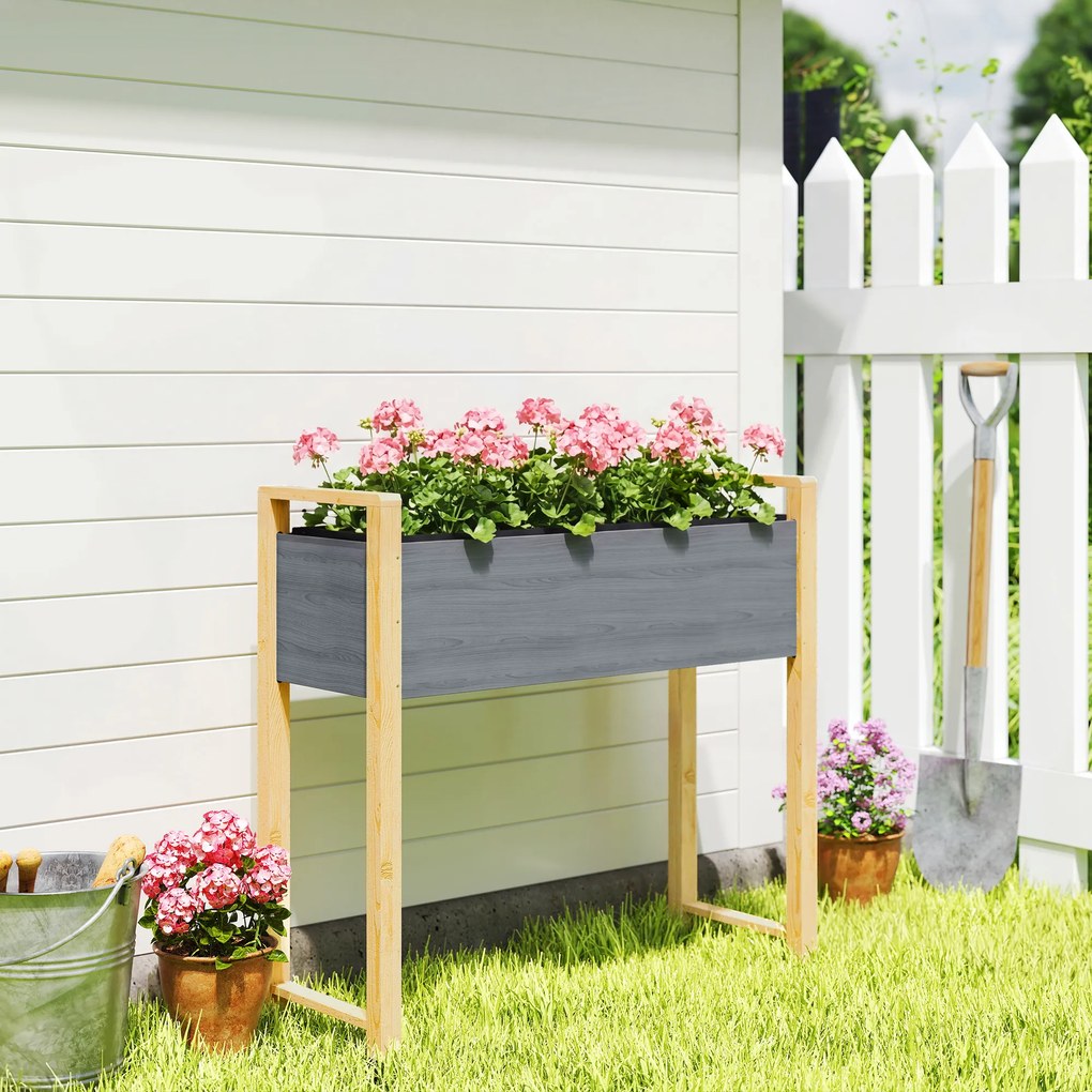 Floreira com pés 98 x 37 x 90 cm, floreira elevada com 4 orifícios de drenagem e tecido não tecido, cinzento