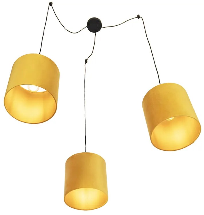 Candeeiro de suspensão com 3 abajures de veludo amarelo com dourado - Cava Country / Rústico
