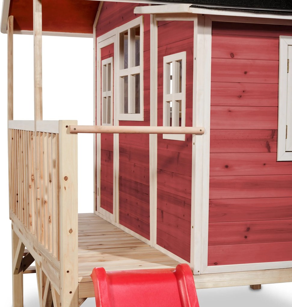 Casa de brincar infantil exterior para crianças Loft 350 em madeira com escorrega - Vermelha