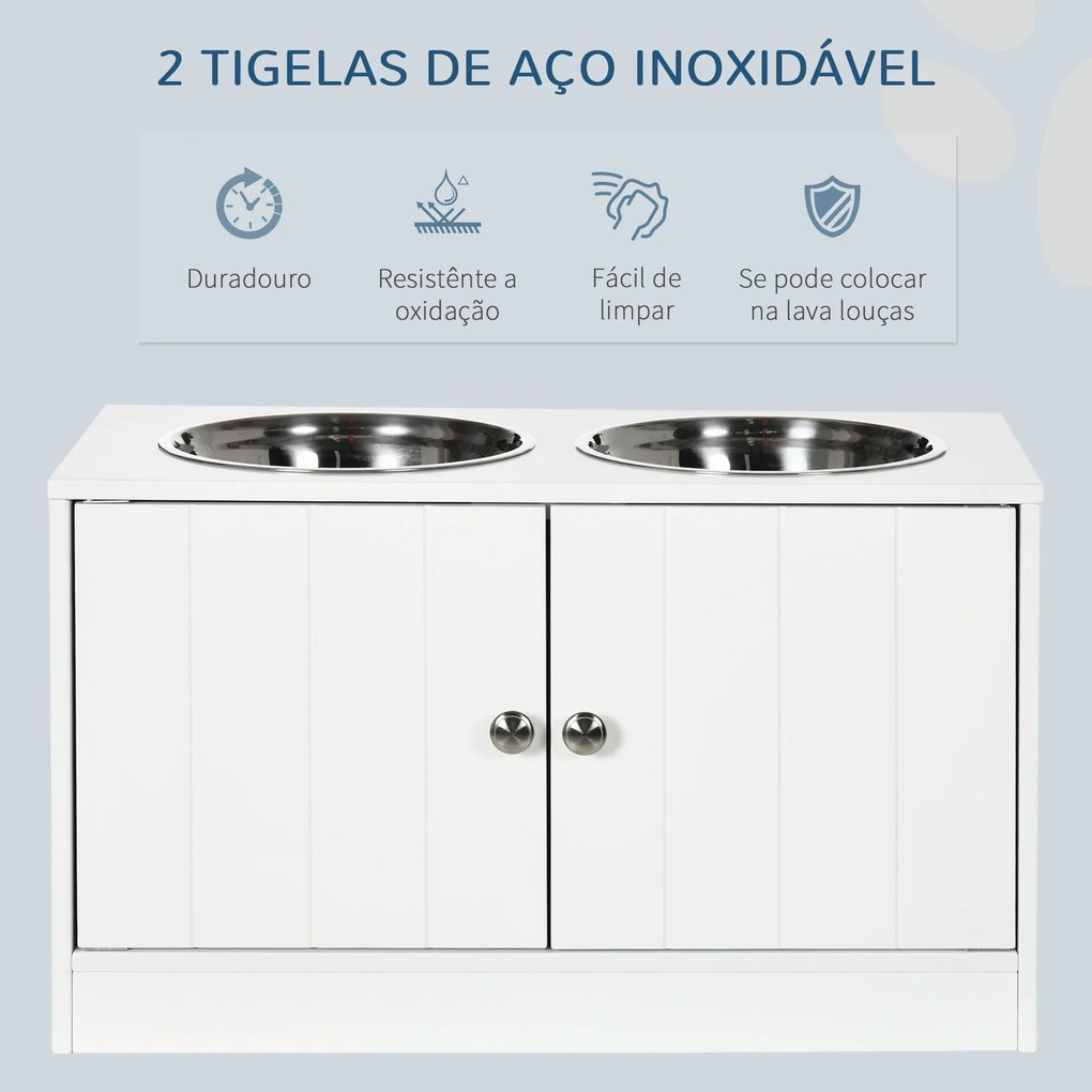 Comedouro Elevado para Cães Grandes com 2 Tigelas de 2000ml de Aço Inoxidável 2 Portas e Armazenamento 60x30x35,5cm Branco