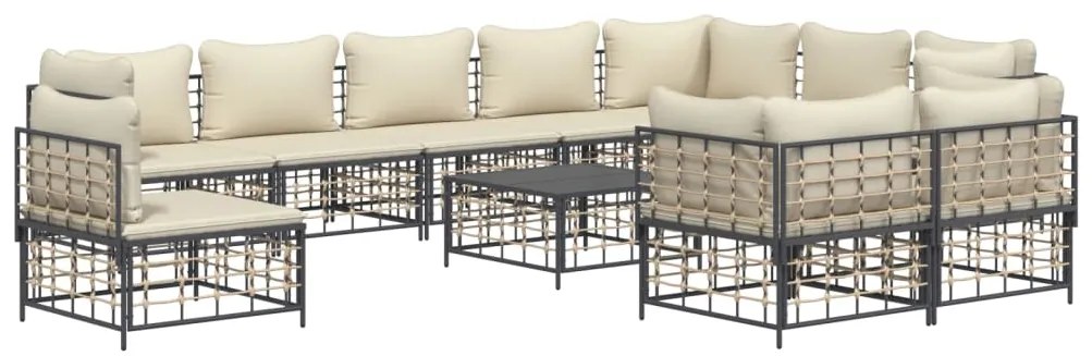11pcs conjunto lounge de jardim c/ almofadões vime PE antracite