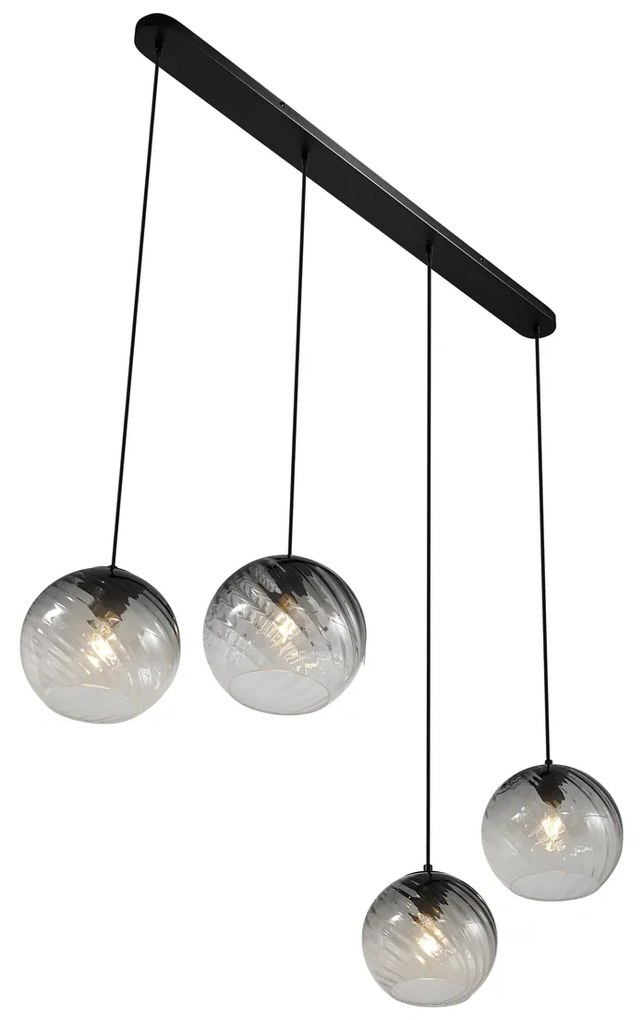 Candeeiro suspenso Art Deco preto com vidro fumado retangular 4 luzes - Bao Art Deco