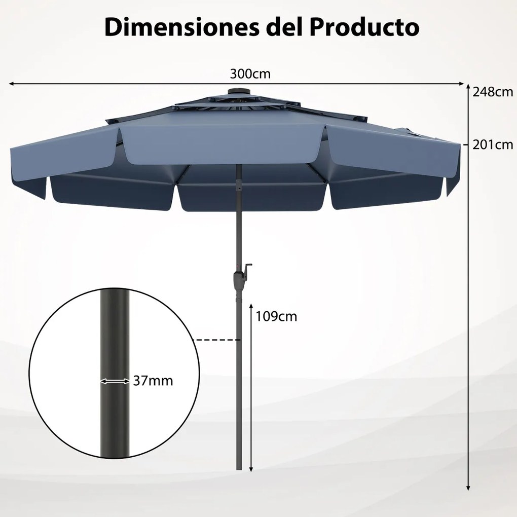 Guarda-sol solar de 300 cm com 32 luzes LED, parte superior ventilada com 3 níveis e ajuste de inclinação Azul marinho