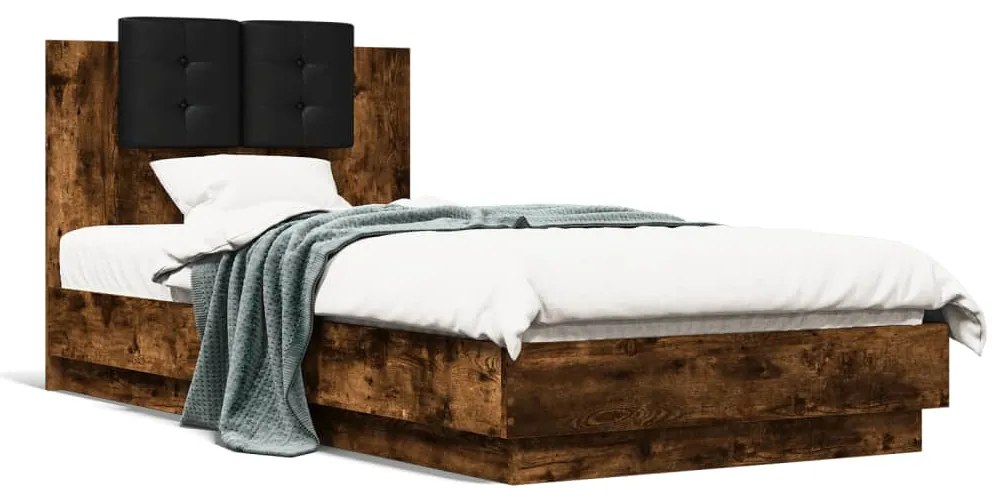 vidaXL Estrutura cama c/ cabeceira/luzes LED 90x190 cm carvalho fumado