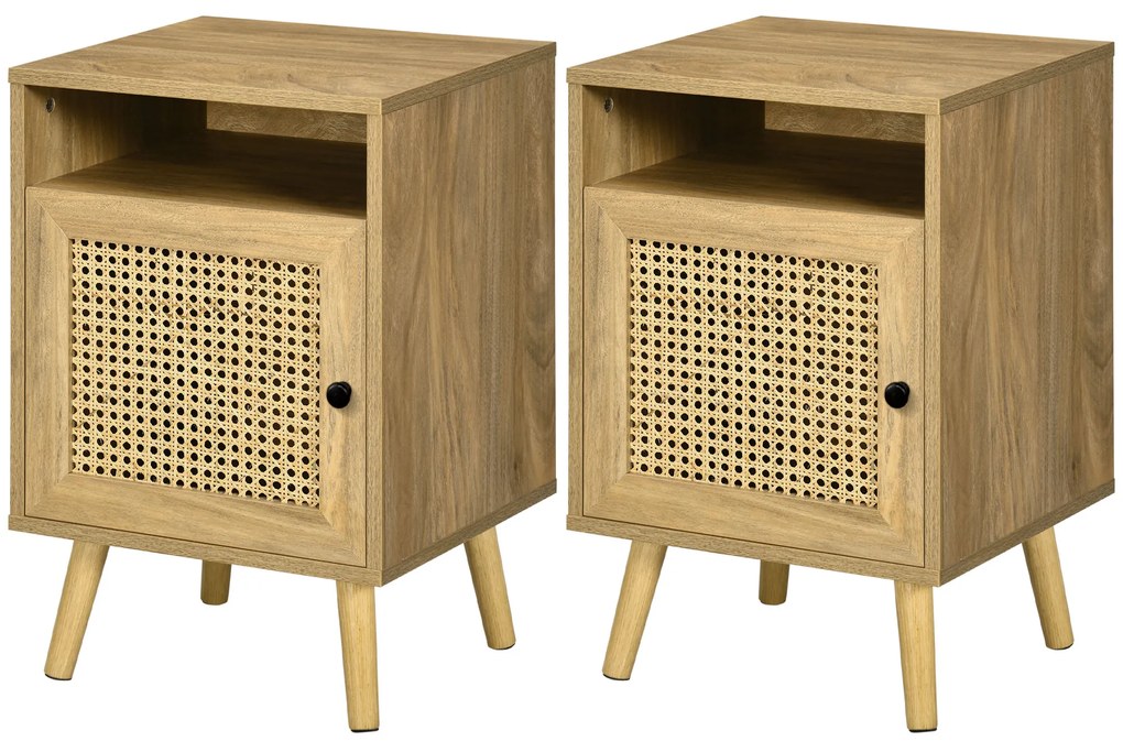 Conjunto de 2 Mesas de Cabeceira com Portas de Vime e Prateleira Aberta Mesa Auxiliar 39x35x60 cm Madeira