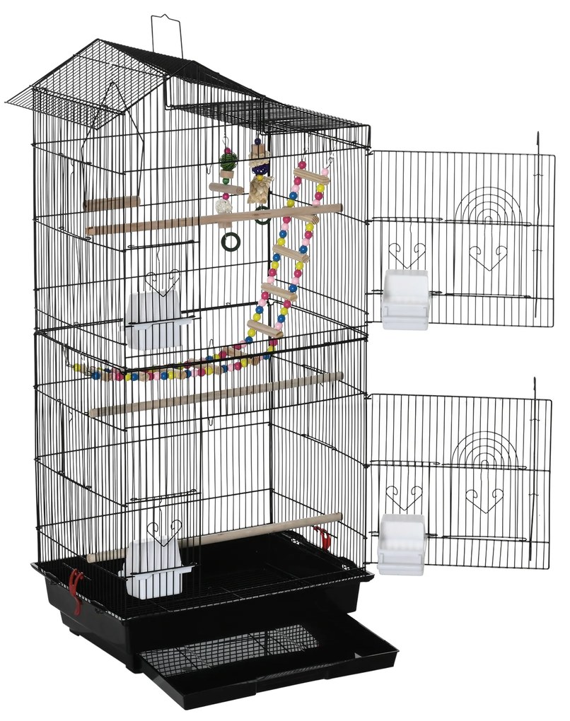 Gaiola para Passáros Gaiola de Metal com Múltiplas Portas 4 Comedouros 3 Poleiros Baloiço Escadas e Bandeja Removível para Periquitos Canários 46x36x1