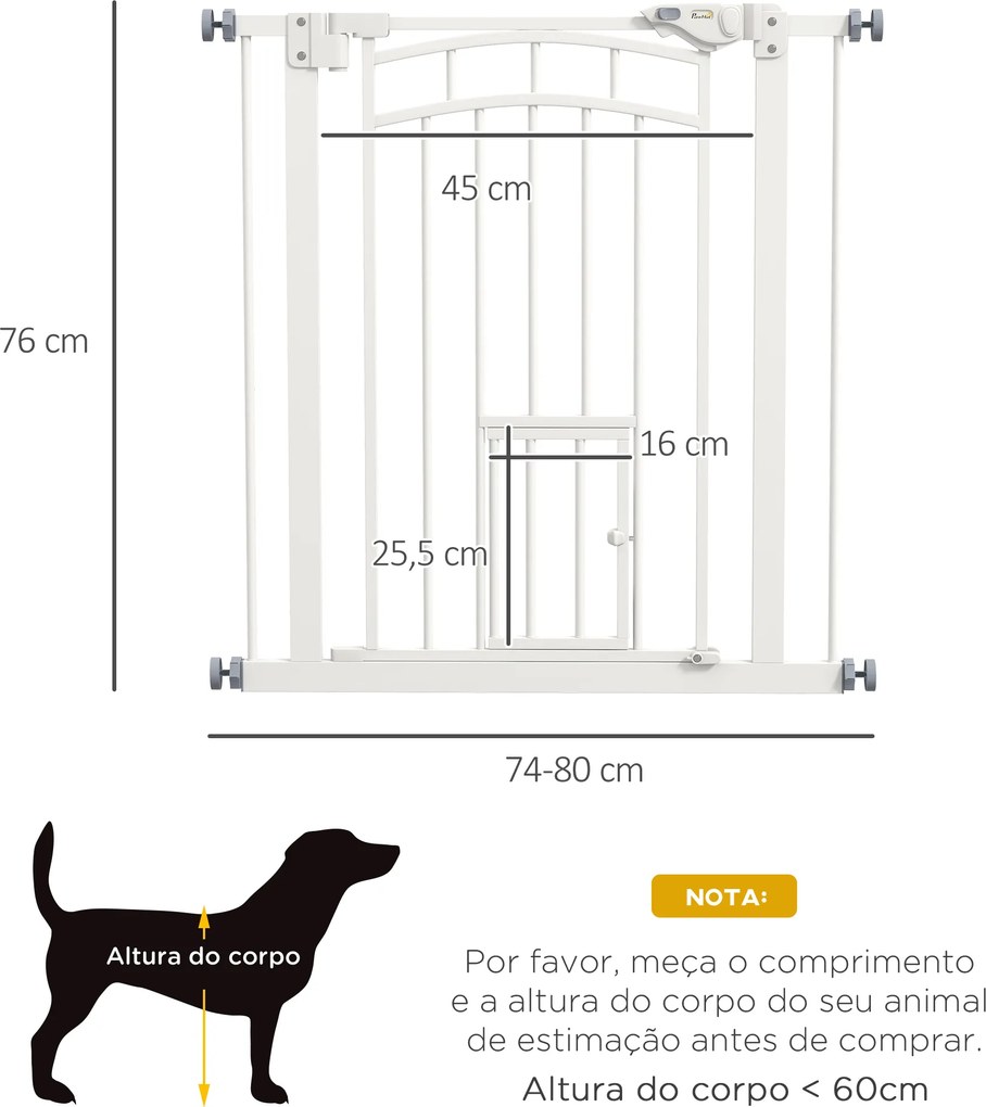Barreira de Segurança para Cães 74-80 cm Porta de Segurança para Animais com Montagem a Pressão e Duplo Bloqueio Branco