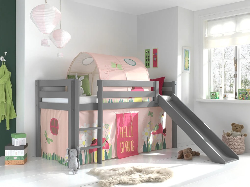 Conjunto Cama alta de Criança PINO 90 x 200 cm + estrado + escada + escorrega + tunel + cortina Primavera Cinzenta