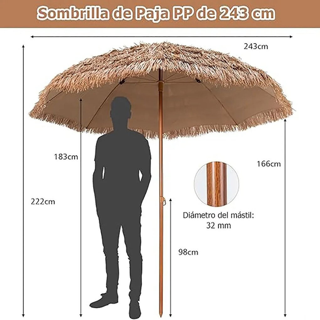 Guarda-sol 243 cm em palha Plastico PP tipo havaiano (BASE NÃO INCLUIDA) com 8 varas dobrável natural