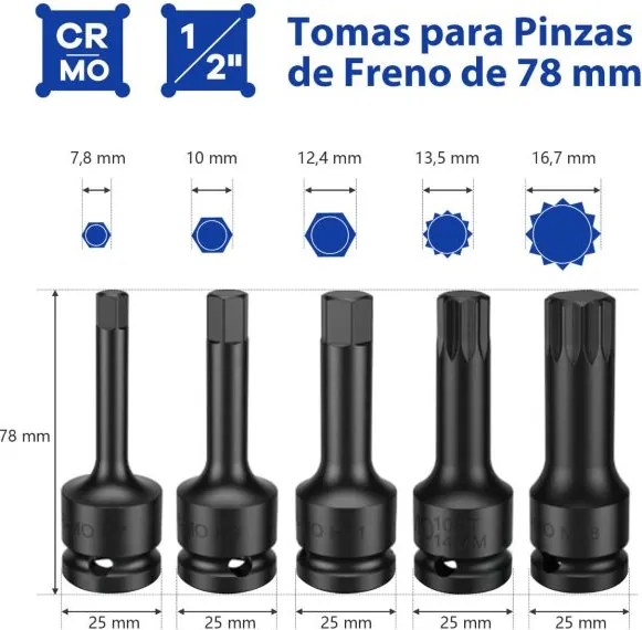 Conjunto de 16 peças de chaves de impacto para travões Kit de ferramentas de ajuste de travões com chave de 1/2”. Azul