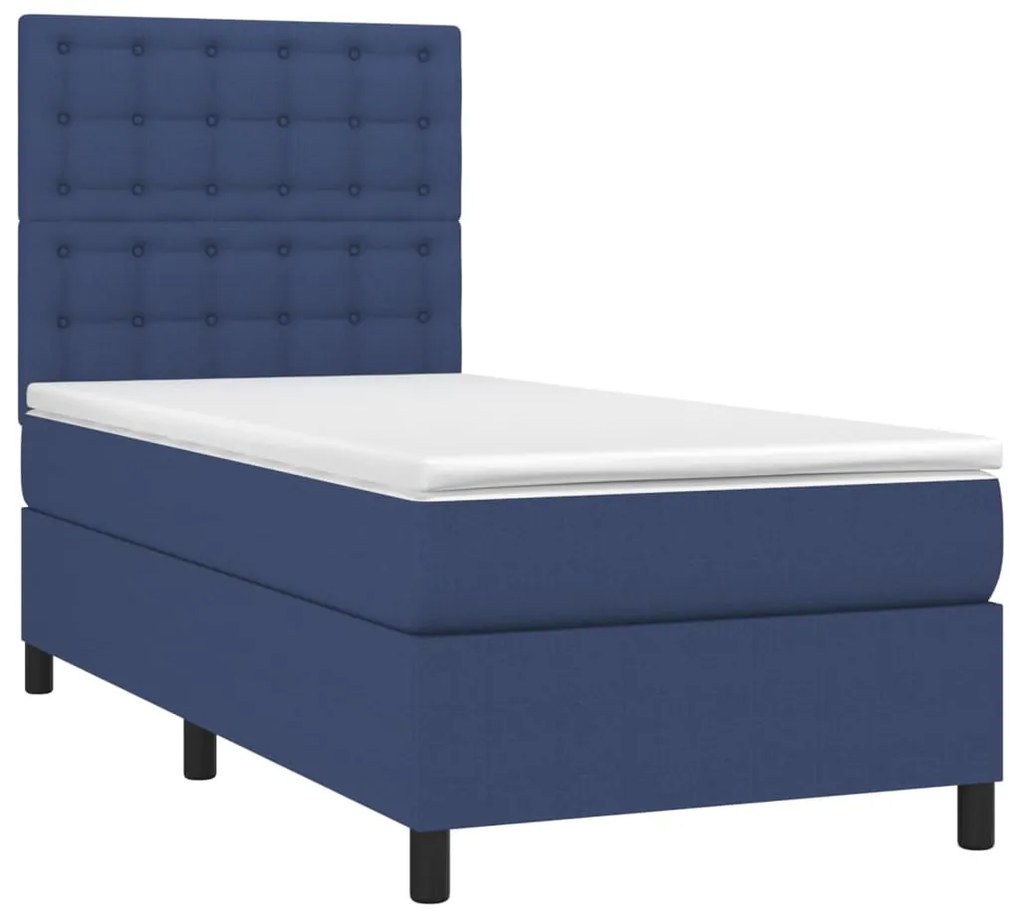 Cama box spring c/ colchão e LED 100x200 cm tecido azul