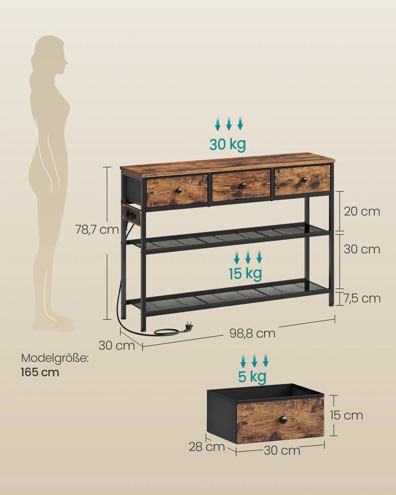 Mesa consola com luz led 98,8 x 30 x 78,7 cm, 3 gavetas castanha vintage