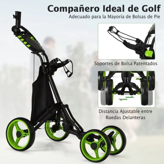 Carrinho de golfe dobrável, leve e de 4 rodas, com saco impermeável e travão de pé, suporte ajustável para guarda-chuva e copo - verde