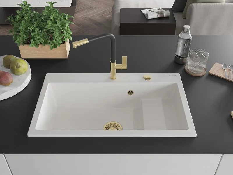 Mexen Omar lava-louça de granito de 1 bacia 800 x 480 mm, branco, sifão dourado - 6520801005-20-G