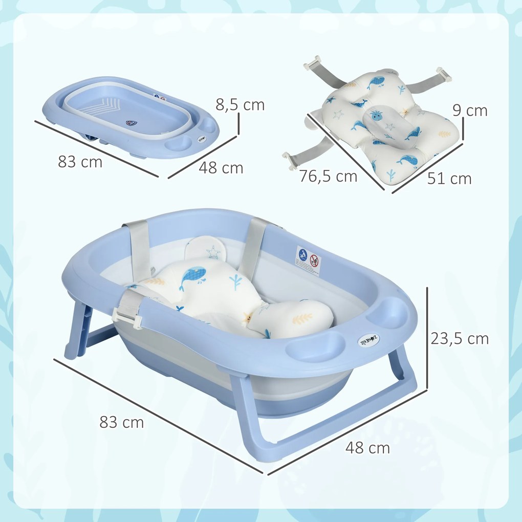 Banheira para Bebé Recém Nascido Dobrável 40L com Almofada Pés Antiderrapantes Orifício de Drenagem e 83x48x23,5 cm Azul