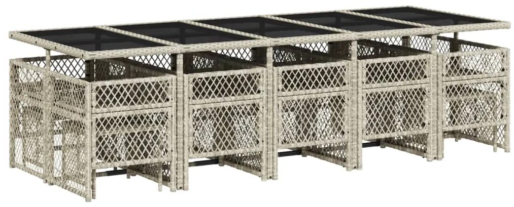 15 pcs conj. jantar jardim c/ almofadões vime PE cinzento-claro