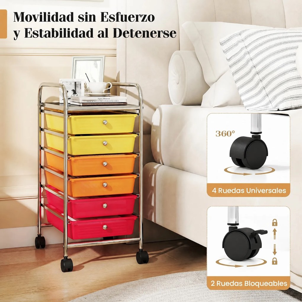 Carrinho de Armazenamento com 6 Gavetas, 33 x 38 x 66 cm, Rodas com Travão, Multicolor