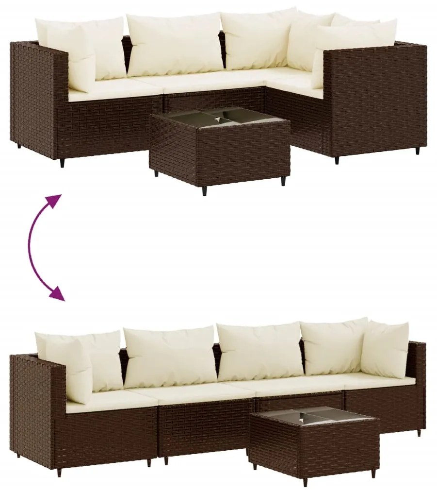 5 pcs conjunto lounge jardim c/ almofadões vime PE castanho