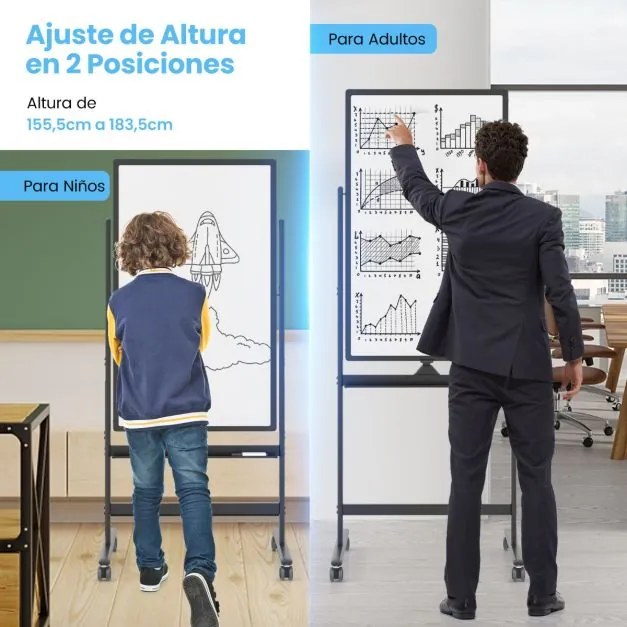 Quadro branco magnético móvel 60 x 100 cm Quadro branco seco de dupla face com suporte sobre rodas Altura ajustável para escritório Escola Preto