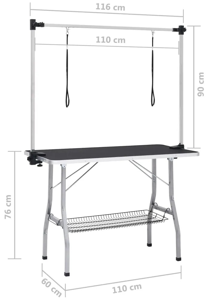 Mesa de grooming ajustável para cães com 2 laços e cesto