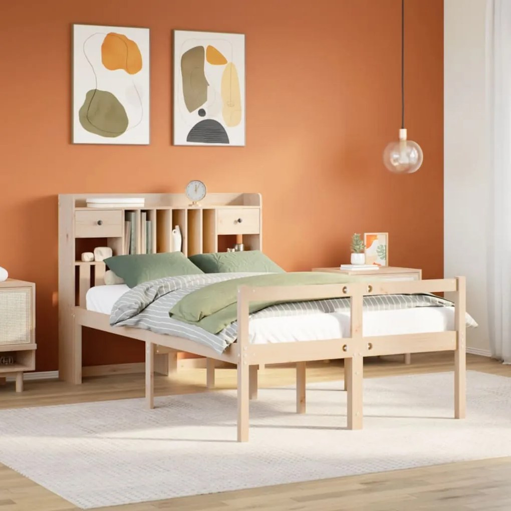 vidaXL Cama com estante sem colchão 135x190 cm pinho maciço