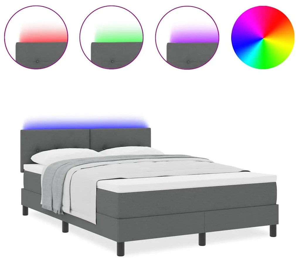 Cama Box Spring com Colchão e LED Cinza Escuro 140x200 cm de Tecido