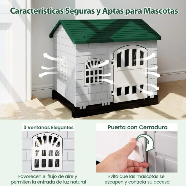 Casota dobrável 75 x 58 x 65 cm de plástico para cães resistente às intempéries para animais de estimação com bandeja sanitária Porta verde escuro