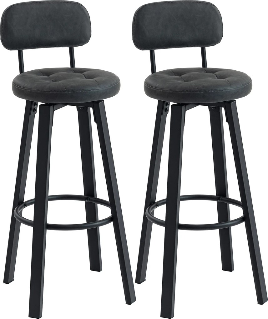 HOMCOM Conjunto de 2 Bancos de Bar Bancos Altos de Cozinha Giratórios Estofados em PU com Apoio para os Pés 35,5x43,5x98 cm Cinzento Escuro | Aosom Portugal