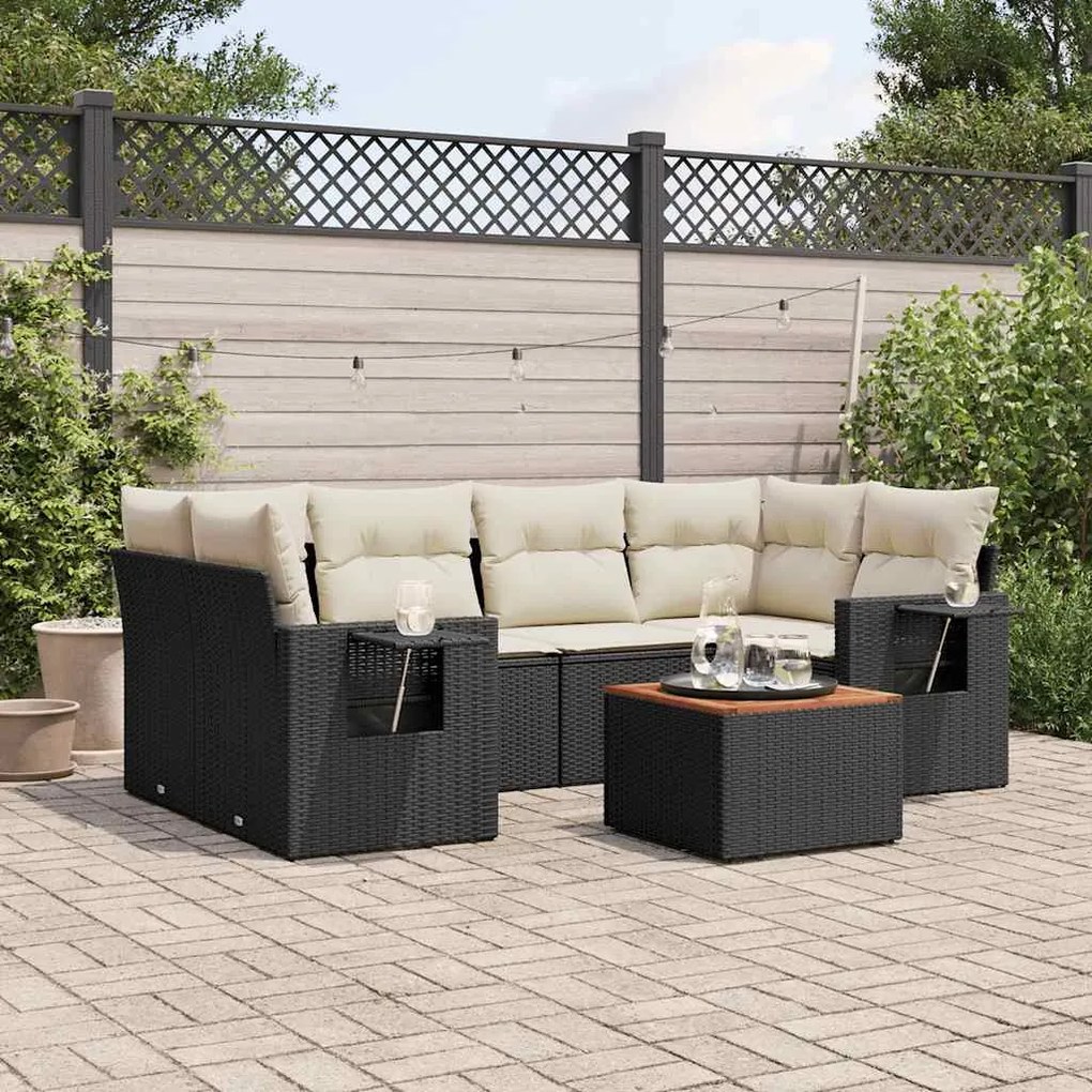 7 pcs conjunto de sofás p/ jardim c/ almofadões vime PE preto