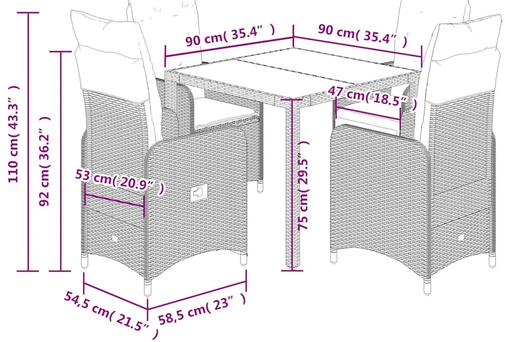 5 pcs conjunto bistrô de jardim c/ almofadões vime PE cinza