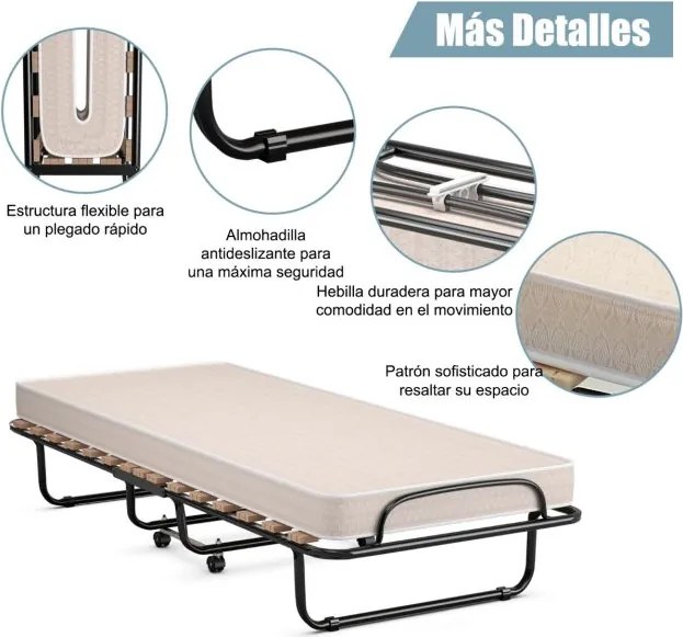 Cama dobrável com colchão Cama de hóspedes portátil com rodas em espuma de memória Estrutura de aço 190 x 80 x 33 cm Bege