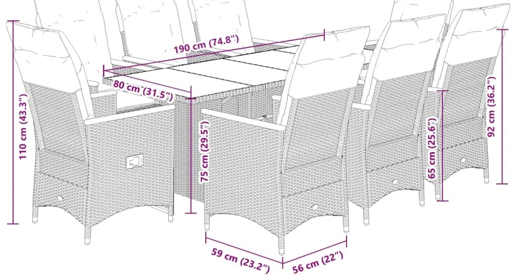 7 pcs conjunto de jantar p/ jardim c/ almofadões vime PE preto
