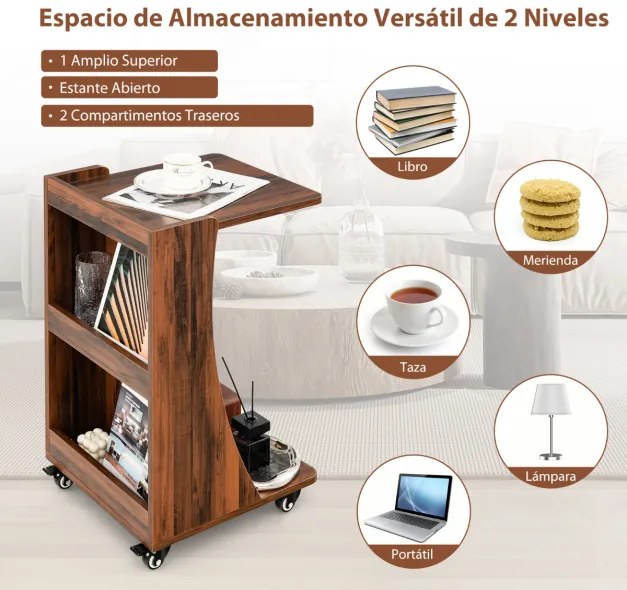 Mesa lateral móvel em forma de C com prateleira aberta 2 níveis para sala de estar quarto 42,5 x 38 x 67 cm Castanho