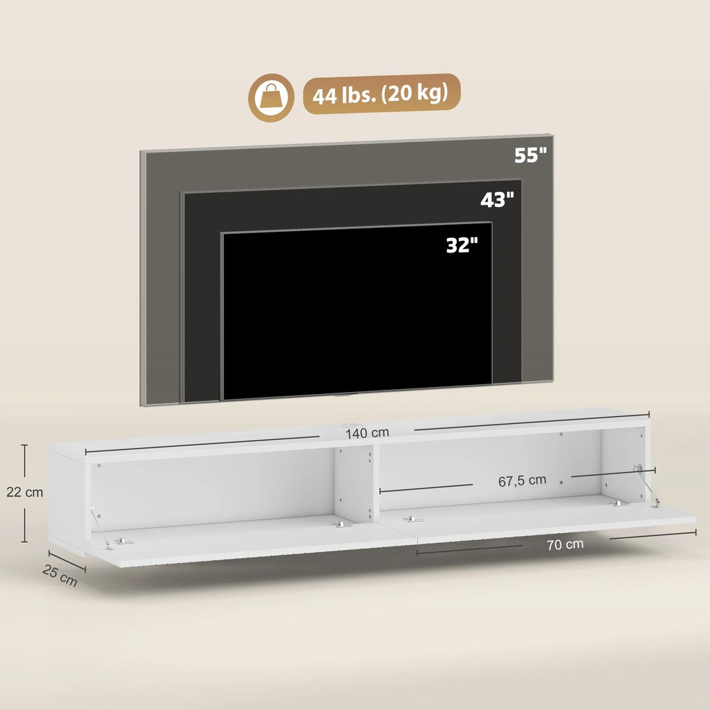 Móvel de TV suspenso de 140 cm, móvel para televisor de 72 polegadas, 2 portas rebatíveis, 140 x 25 x 22 cm, branco