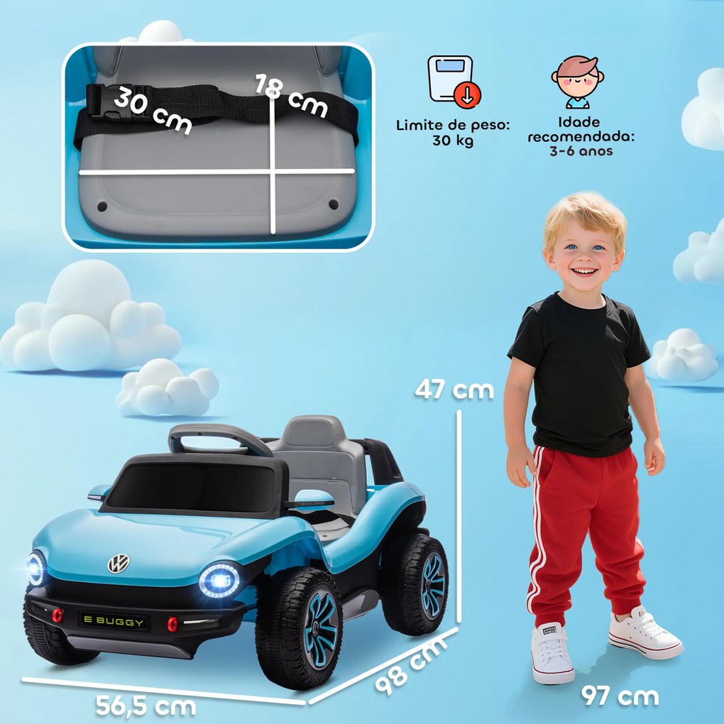 Carro Elétrico para Crianças Volkswagen E-Buggy Bateria 12V com Controlo Remoto 2,4 G Faróis LED Música USB 98x56,5x47 cm Azul