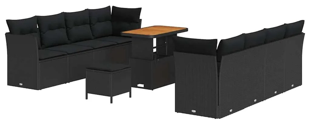 Conjunto de Sofá de Jardim de 11 Peças com Almofadas Preto Vime Poliés