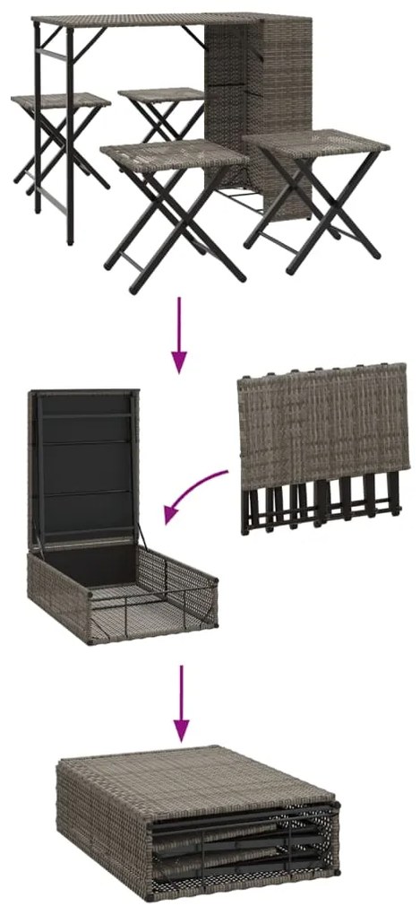 5 pcs conjunto de jantar para jardim dobrável vime PE cinzento