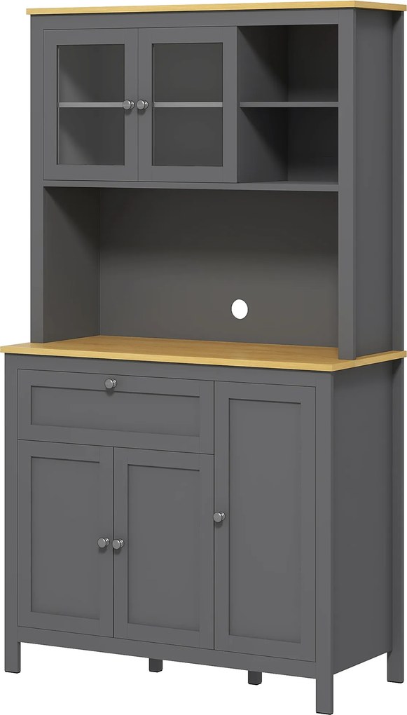 Armário de cozinha tipo aparador com 5 portas, das quais 2 com vidro, 1 gaveta e 1 compartimento aberto central - altura 180 cm, cinzento