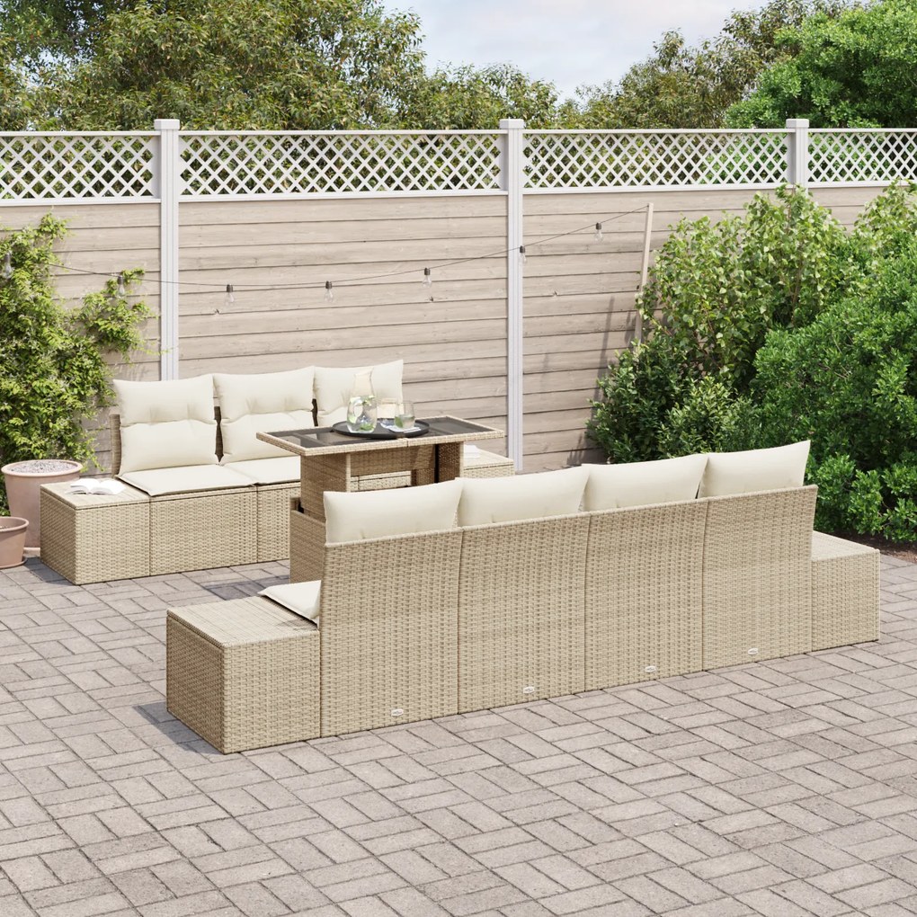 Conjunto de Sofá de Jardim 8 Peças com Almofadas Bege Rattan Poliéster