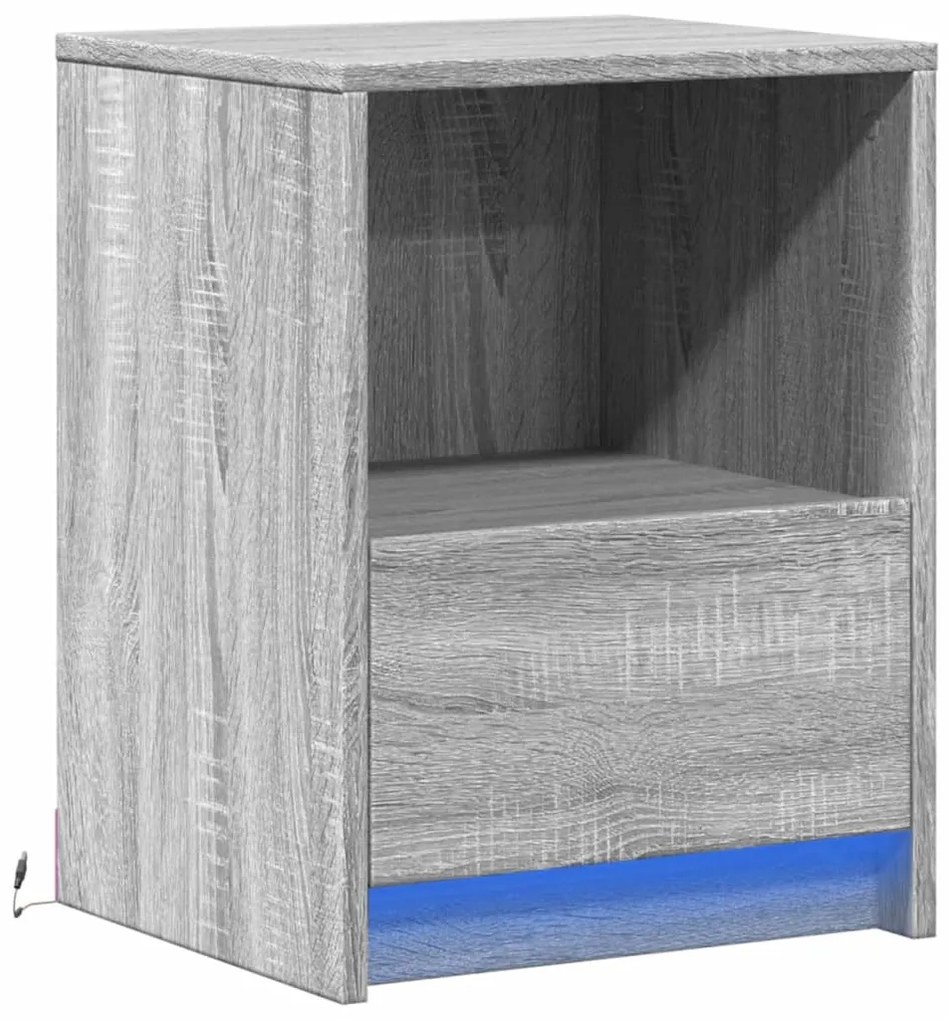 Mesa cabeceira c/ luzes LED derivados madeira cinzento sonoma
