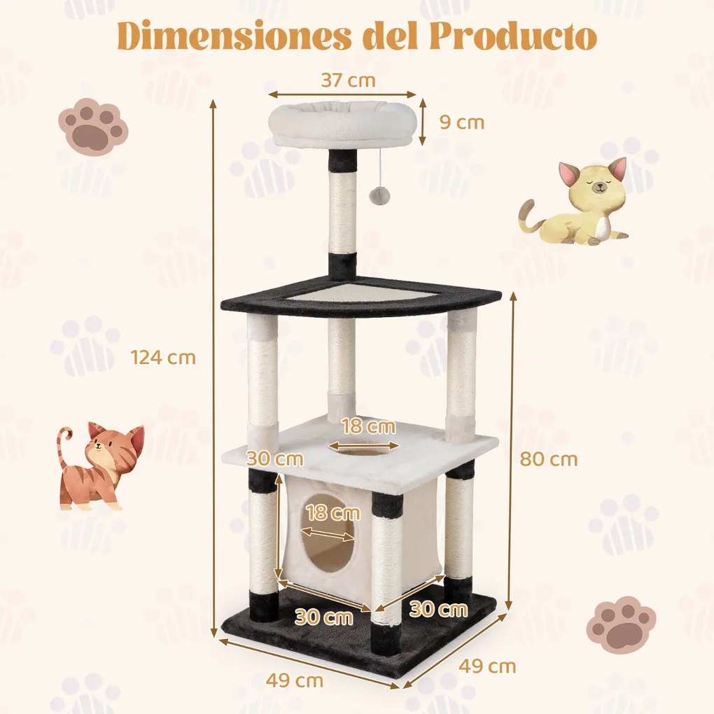 Arranhador para gatos 49 x 49 x 122,5 cm com vários níveis para gatos com postes para arranhar em sisal e plataforma arqueada bege