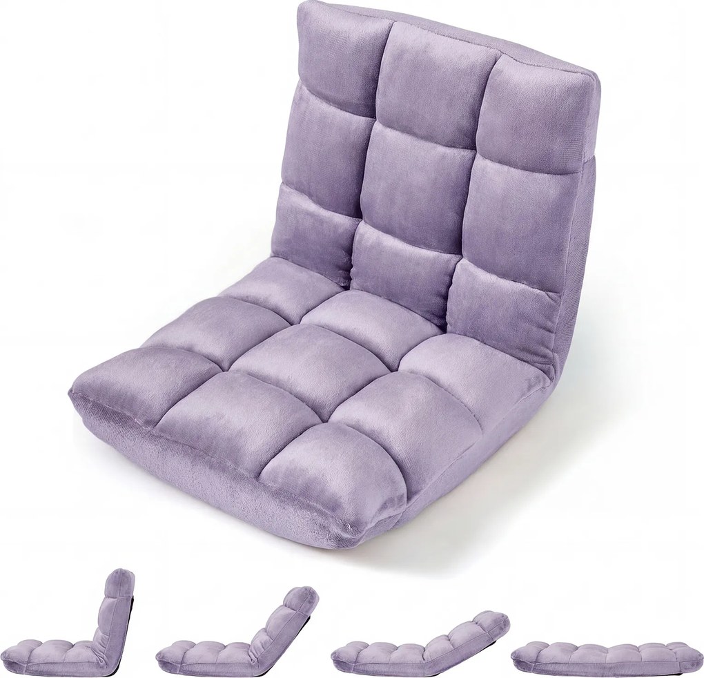 Cadeira de Chão Dobrável, 104 x 53 x 15 cm, Encosto Ajustável em 14 Posições, Roxo-claro