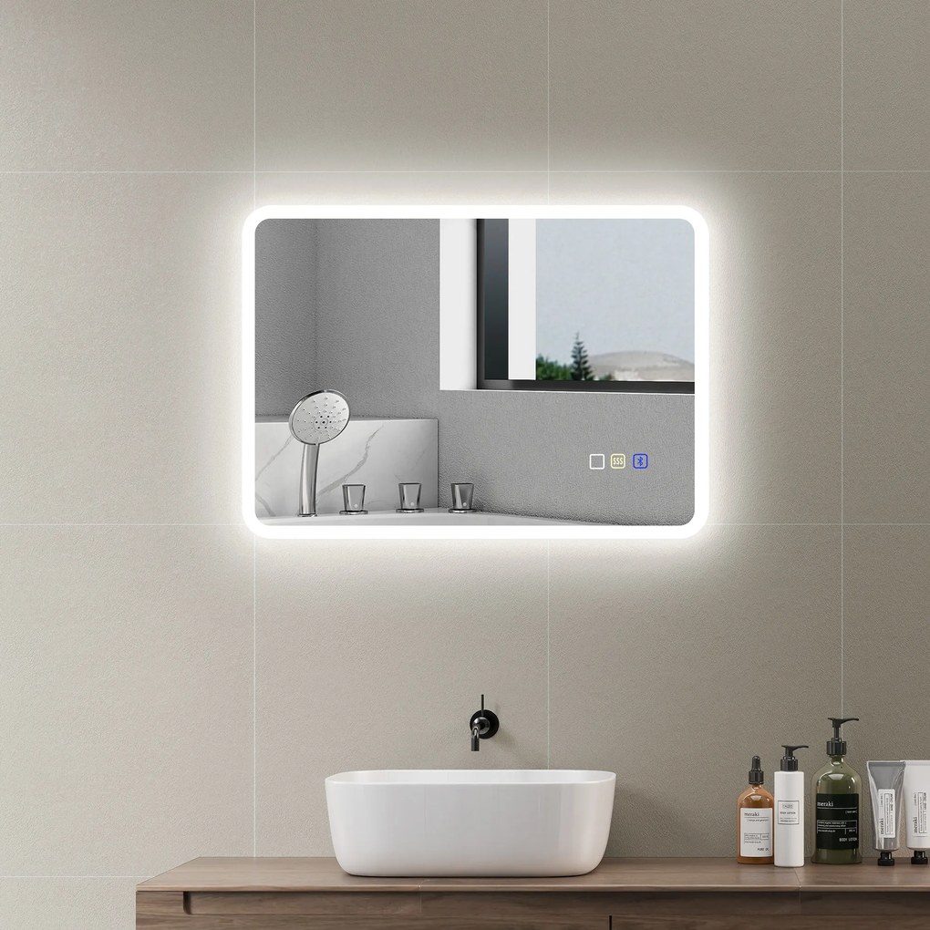 Espelho de casa de banho LED com Bluetooth, 50 x 70 cm, interruptor tátil, iluminação regulável, 3 cores, anti-embaciamento, memória, prateado