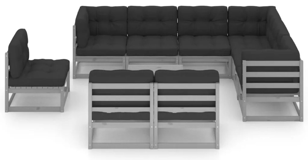 10pcs conjunto lounge de jardim + almofadões pinho maciço cinza